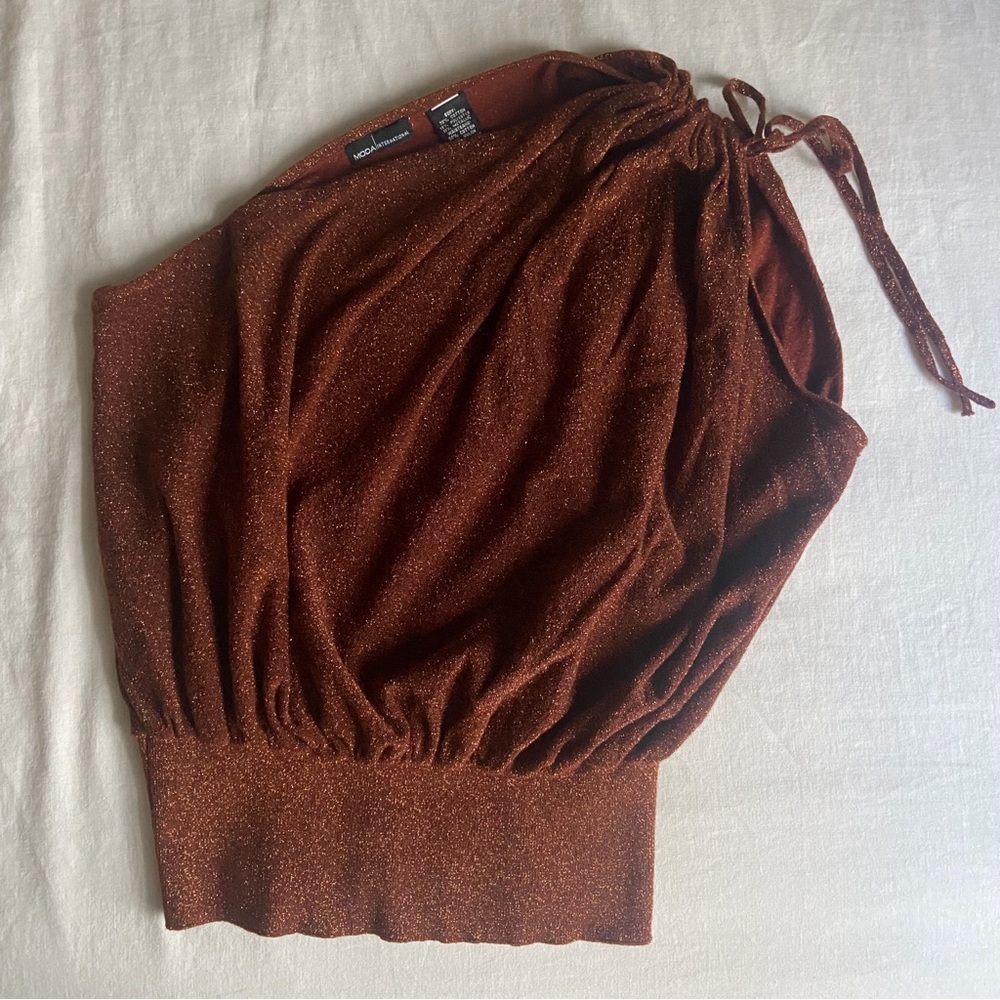 Y2K Moda International Copper Metallic One Shoulder Draped Top - Medium